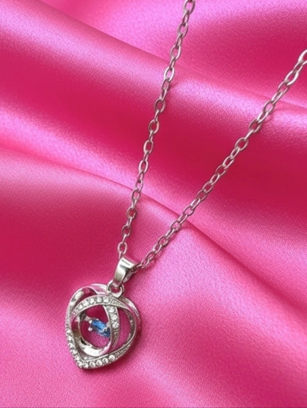 Silver-tone Cubic Zirconia Heart Pendant Necklace with‎ Blue Crystal Accent